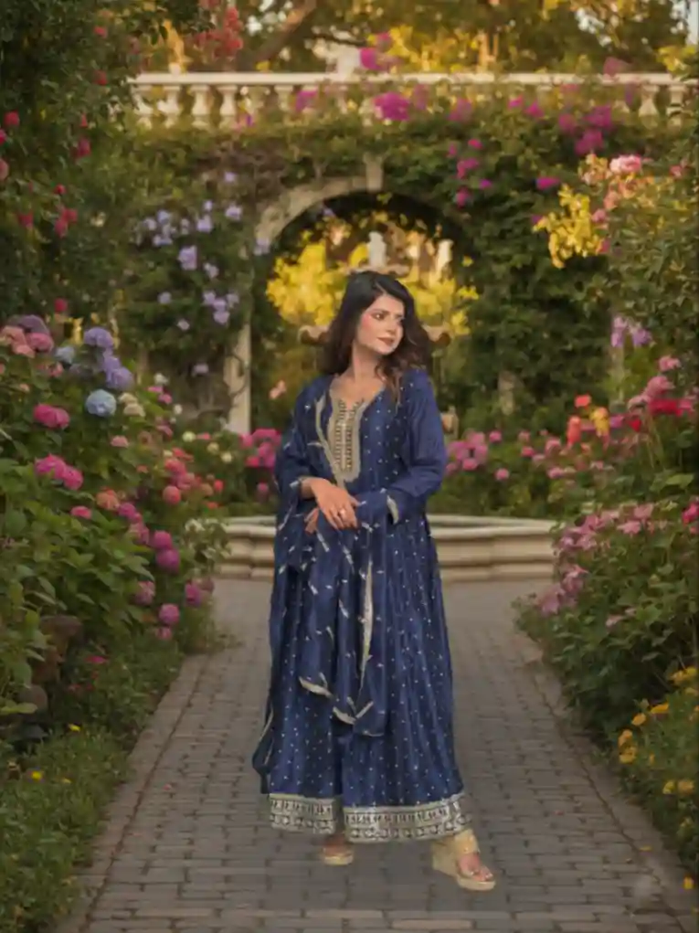 Navy Blue Silk Blend Anarkali Suit