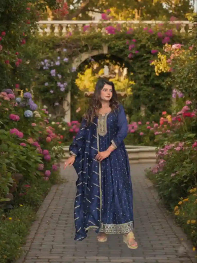 Navy Blue Silk Blend Anarkali Suit