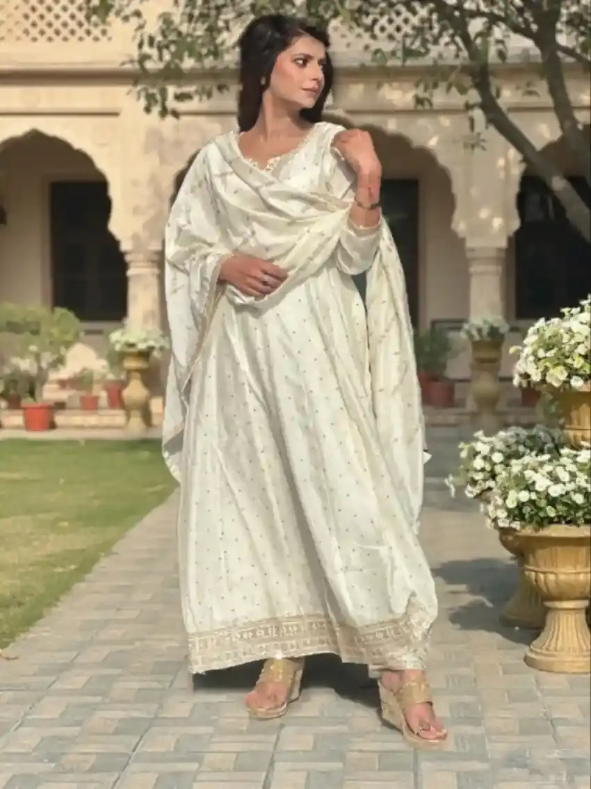 Pearl White Silk Blend Anarkali Suit