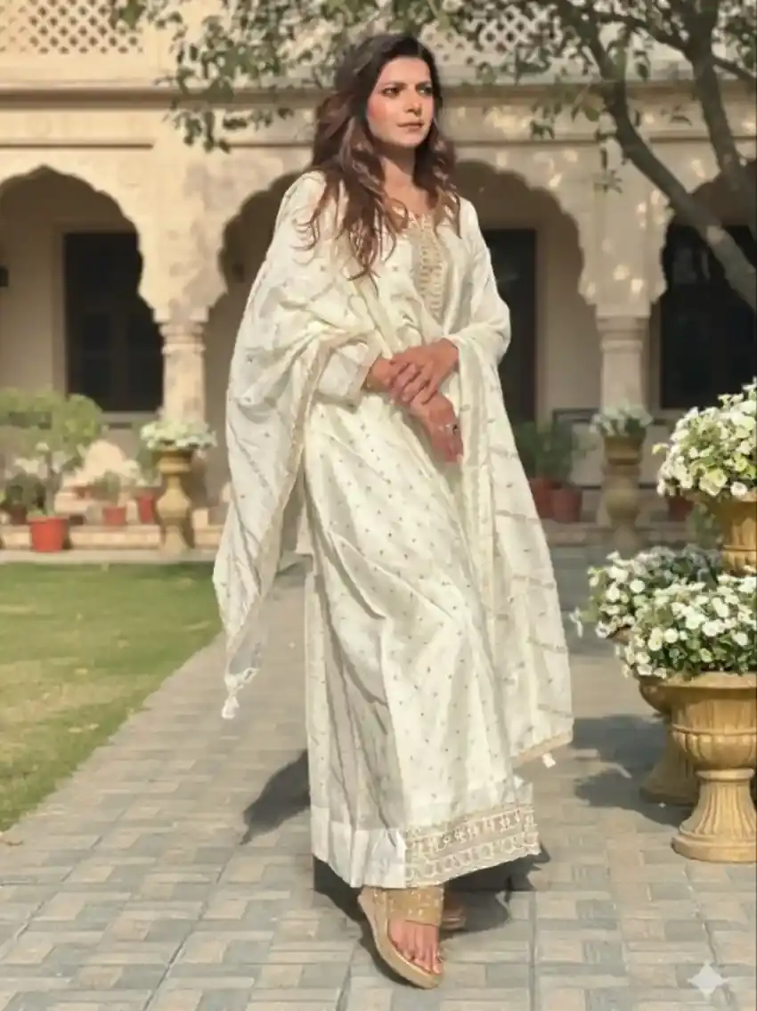 Pearl White Silk Blend Anarkali Suit