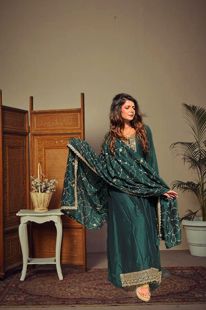 Deep Rich Green Silk Blend Anarkali Suit