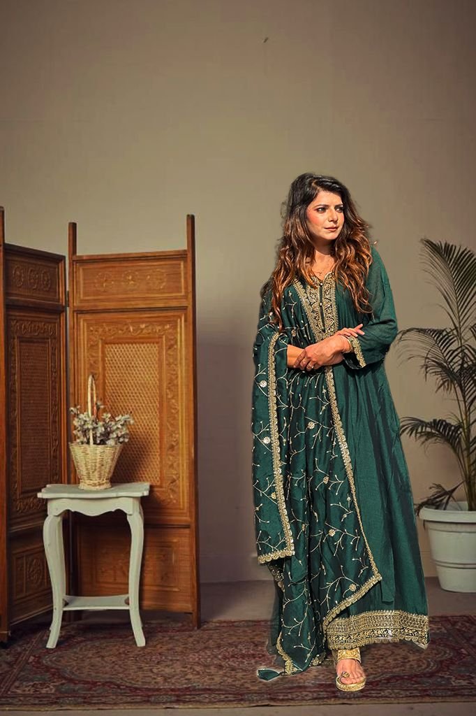 Deep Rich Green Silk Blend Anarkali Suit