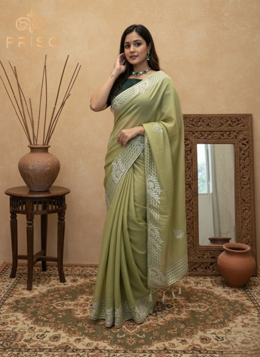 Pista Green Embroidered Linen-Blend Saree