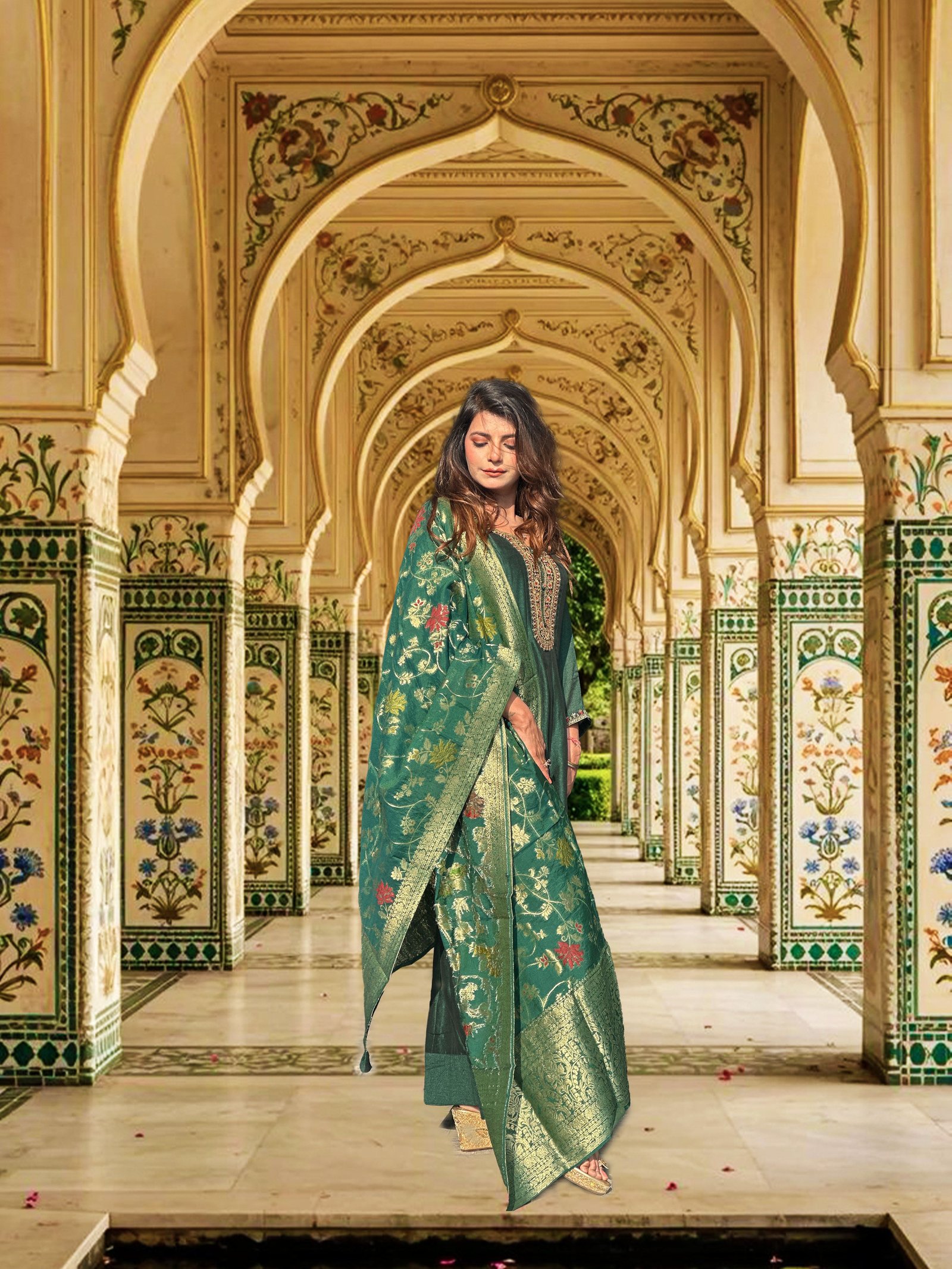Emerald Green Silk Blend Anarkali Suit