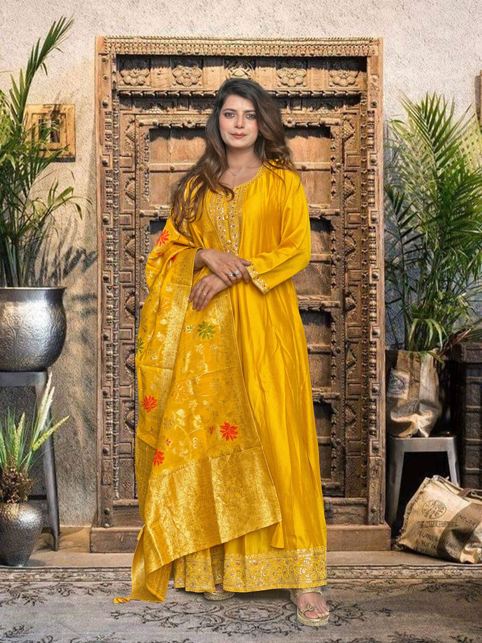 Mustard Yellow / Golden Yellow Silk Blend Anarkali Suit